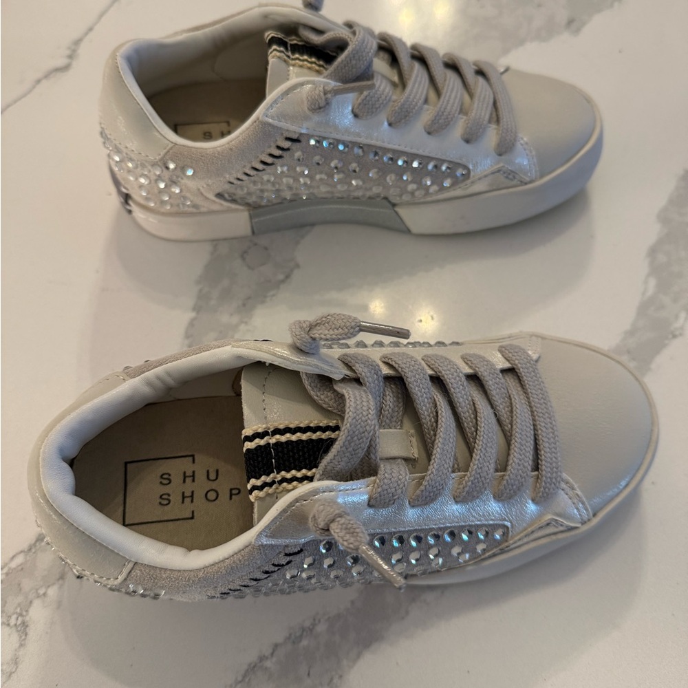 ShuShop White and Silver Kids Sneakers with Crystal Side Detail